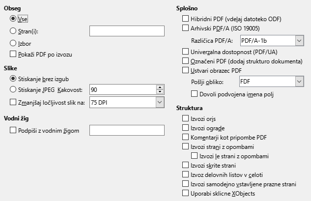 Slika pogovornega okna Možnosti za PDF, Izvozi v PDF – Splošno