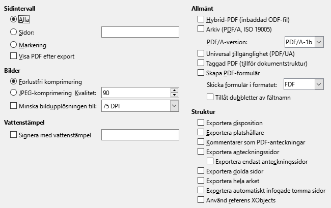 PDF Export General Options Dialog Image