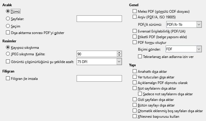 PDF Olarak Dışa Aktar Genel Seçenekleri İletişim Penceresi Resmi