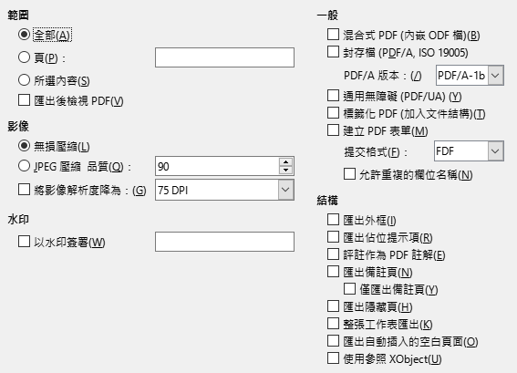 PDF Export General Options Dialog Image