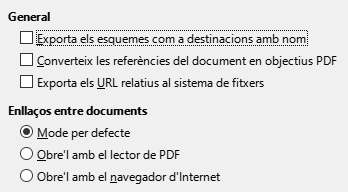 Imatge del diàleg d'opcions d'enllaços d'exportació PDF