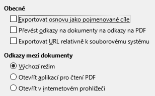 Obrázek dialogového okna Možnosti exportu odkazů do PDF  