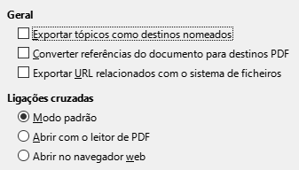 Imagem da caixa de diálogo das opções de ligação da exportação PDF