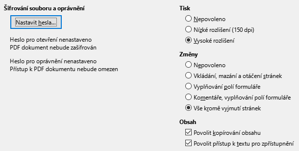 Obrázek dialogového okna Zabezpečení exportu do PDF