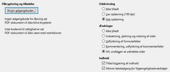 Billede af dialogen PDF-eksport ▸ Sikkerhedsindstillinger