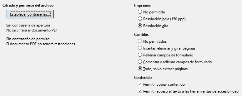 Imagen del cuadro de diálogo Exportar a PDF, pestaña Seguridad