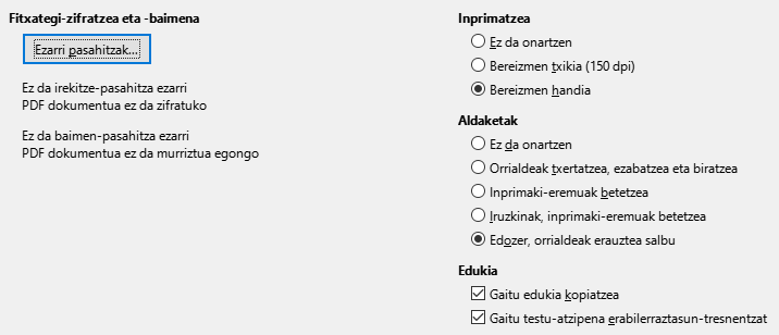 PDF esportazioaren segurtasun-aukeren elkarrizketa-koadroaren irudia