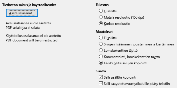 PDF Export Security Options Dialog Image