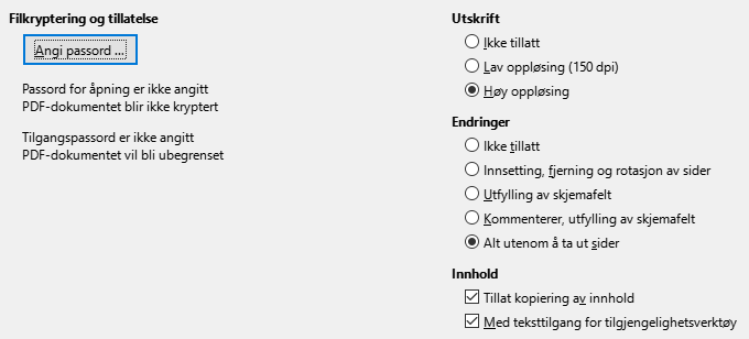 Sikkerhetsdialog for PDF Eksportalternativer.