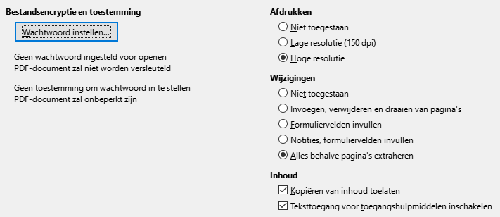 Afbeelding van dialoogvenster PDF-opties - Beveiling