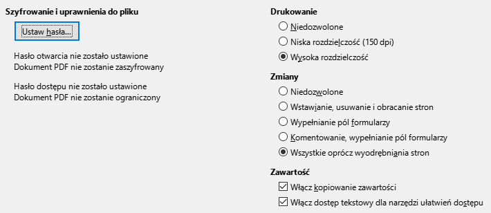 Obraz okna dialogowego opcji bezpieczeństwa eksportu PDF