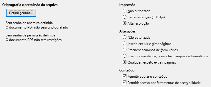 Imagem da caixa de diálogo de opções de segurança da exportação PDF