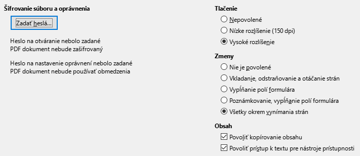 PDF Export Security Options Dialog Image