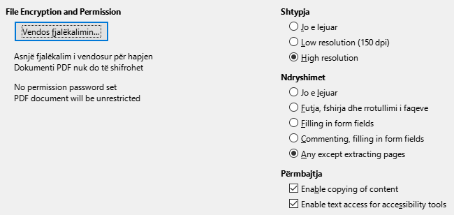 PDF Export Security Options Dialog Image