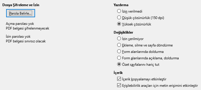 PDF Dışa Aktarma Güvenlik Seçenekleri Penceresi Görüntüsü