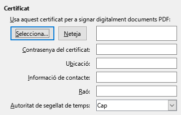 Imatge de diàleg d'opcions de signatura digital de l'exportació PDF