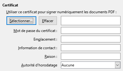 Image de la boîte de dialogue des options de signature numérique de l'export PDF