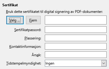 Dialog for PDF Eksport dgital signatur alternativer