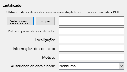 Imagem da caixa de diálogo de opções da assinatura digital na exportação PDF