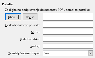 Slika pogovornega okna Možnosti za PDF, Izvozi v PDF – Digitalni podpisi