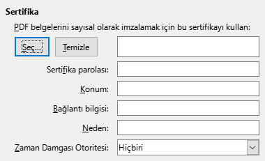 PDF Dışa Aktarma Sayısal İmzalama Seçenekleri Penceresi Görüntüsü