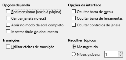 Imagem da caixa de diálogo de opções da interface do utilização na exportação PDF