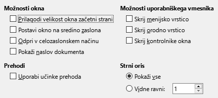 Slika pogovornega okna Možnosti za PDF, Izvozi v PDF – Uporabniški vmesnik