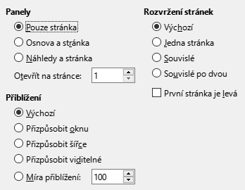 Obrázek dialogového okna Možnosti zobrazení exportu do PDF