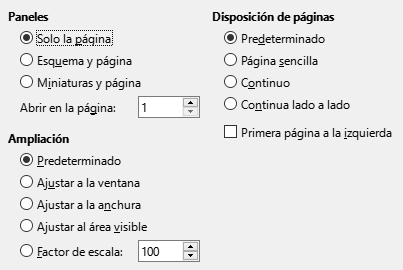 Imagen del cuadro de diálogo Exportar a PDF, pestaña de opciones de visualización