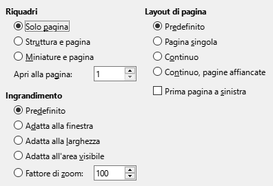 Immagine della finestra di dialogo delle opzioni di visualizzazione di esportazione PDF