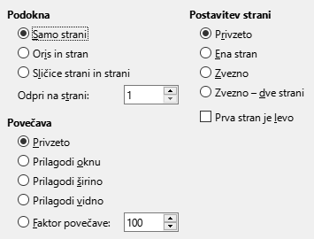 Slika pogovornega okna Možnosti za PDF, Izvozi v PDF – Začetni pogled