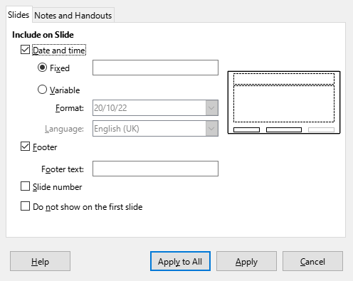 Header Footer Dialogue Box