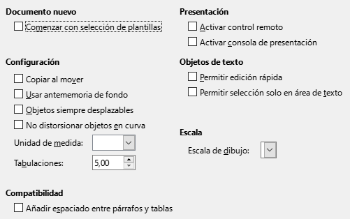 Cuadro de diálogo Opciones generales de Impress