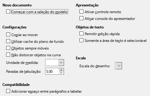 Caixa de diálogo opções gerais do Impress