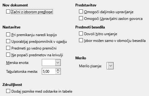 Slika pogovornega okna Splošne možnosti za Impress