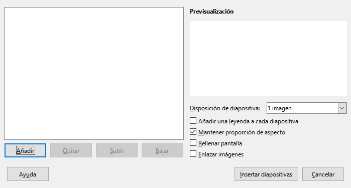 Cuadro de diálogo Álbum fotográfico de Impress