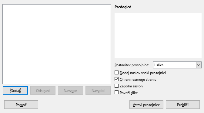 Slika pogovornega okna Album fotografij za Impress