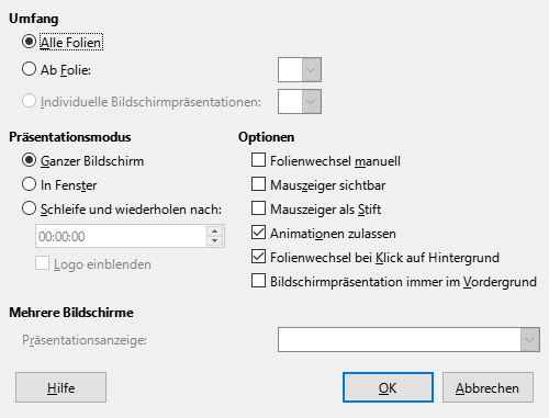 Bild des Dialogs Bildschirmpräsentation