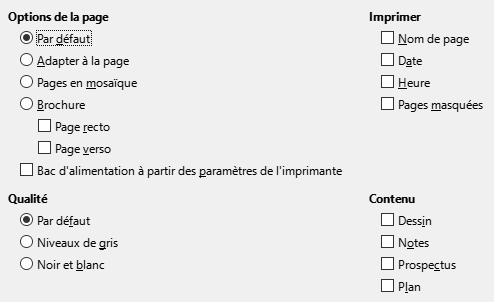 Boîte de dialogue Options d'impression Impress