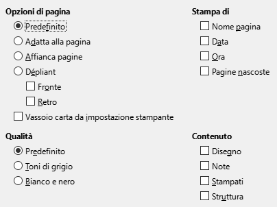 Finestra di dialogo Opzioni stampa di Impress