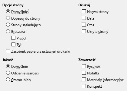 Okno dialogowe opcji drukowania Impress