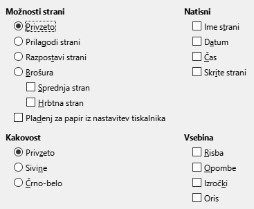 Slika pogovornega okna možnosti tiskanja za Impress