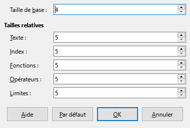Boîte de dialogue de taille de police