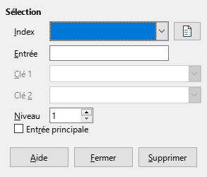 Boîte de dialogue Entrée d'index