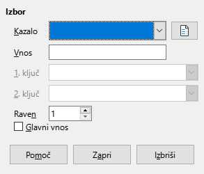 Slika pogovornega okna Vnos v kazalo