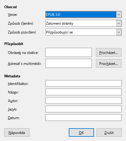Dialogové okno EPUB