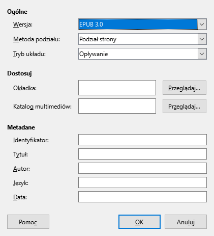 Okno dialogowe EPUB