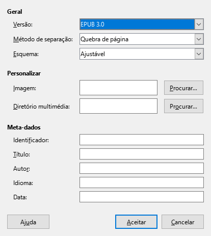 Caixa de diálogo de exportação EPUB