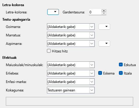 Letra-efektuen orrialdearen elkarrizketa-koadroaren irudia