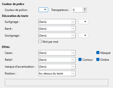 Image de l'onglet de la boîte de dialogue Effets de police